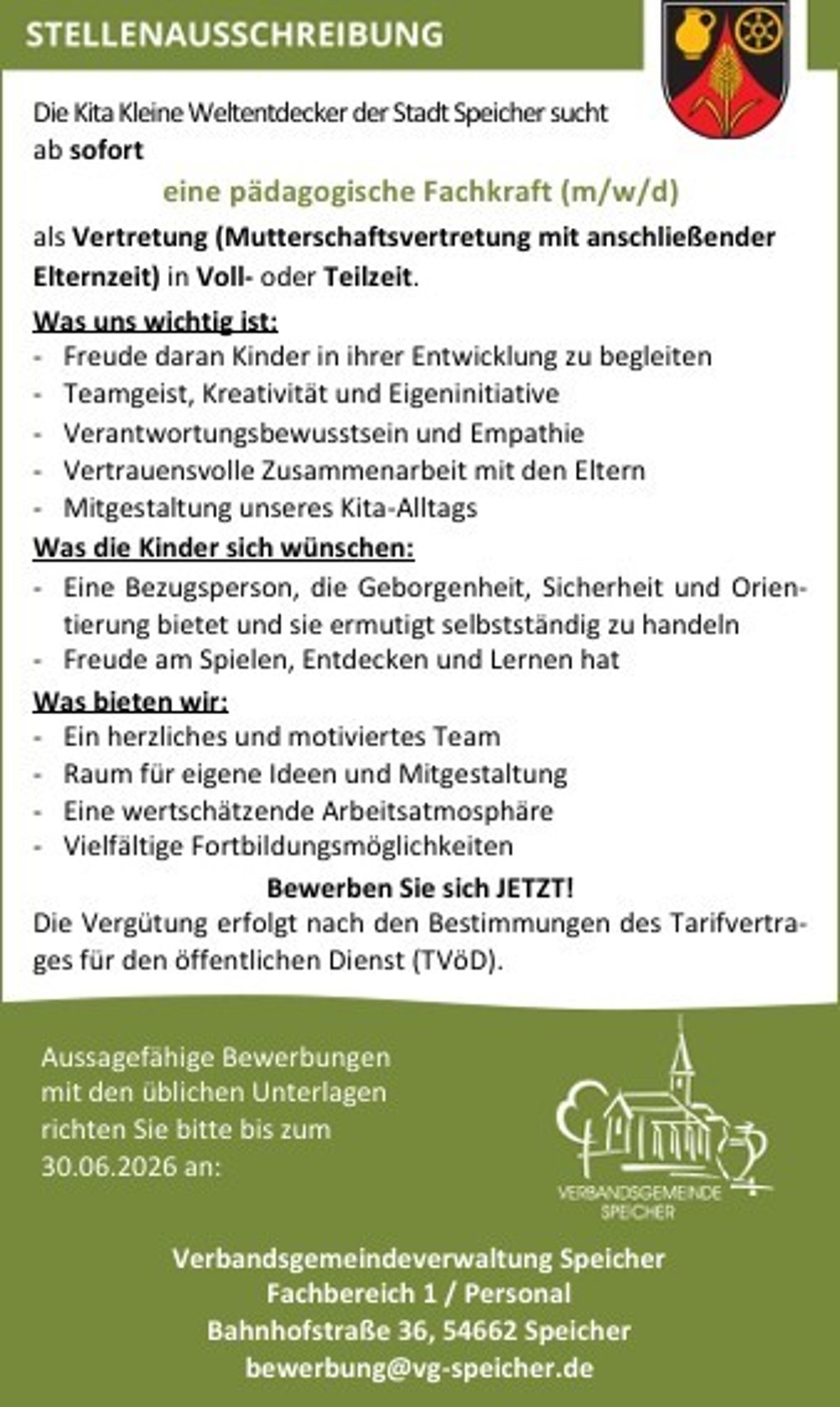 Stellenausschreibung Kita Kleine Weltentdecker sucht pädagogische Fachkraft