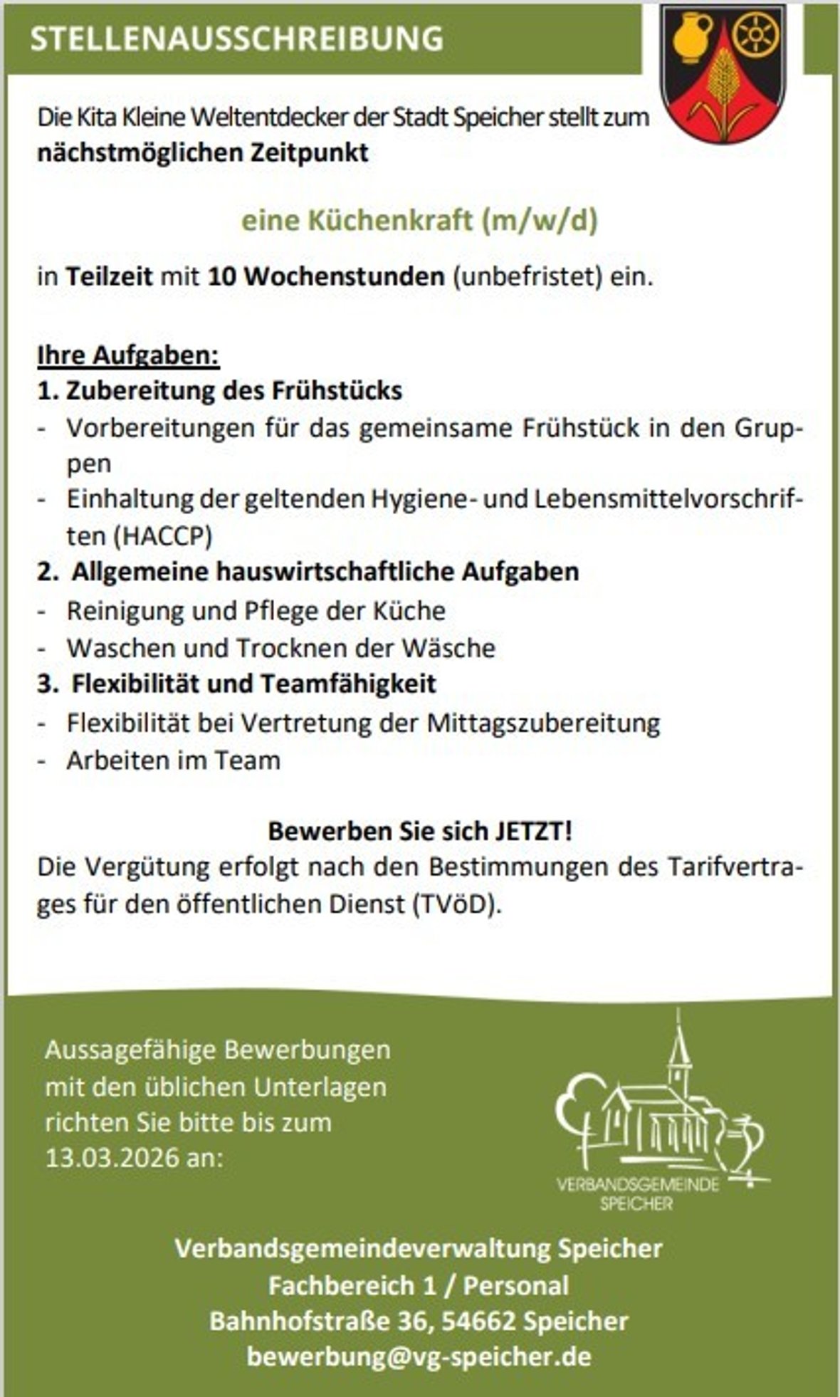 Stellenausschreibung Küchenkraft für Kindertagesstätte Kleine Weltentdecker in Speicher