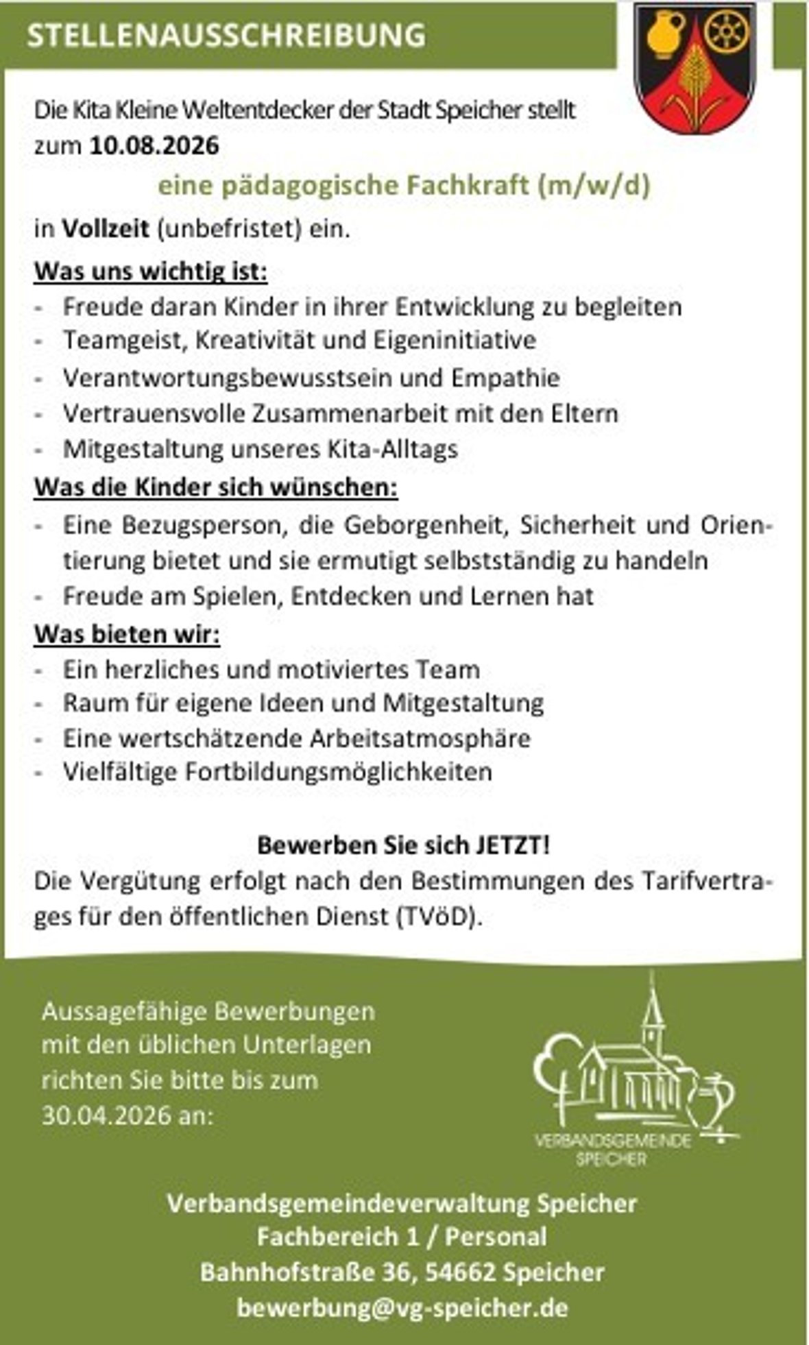 Kindertagesstätte Kleine Weltendecker Speicher sucht pädagogische Fachkraft in Vollzeit