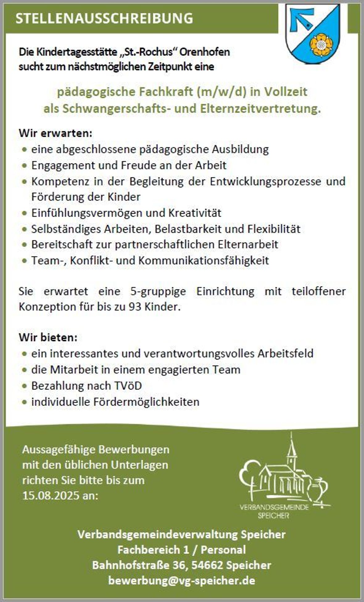 Stellenausscheibung pädagogische Fachkraft als Schwangerschaftsvertretung