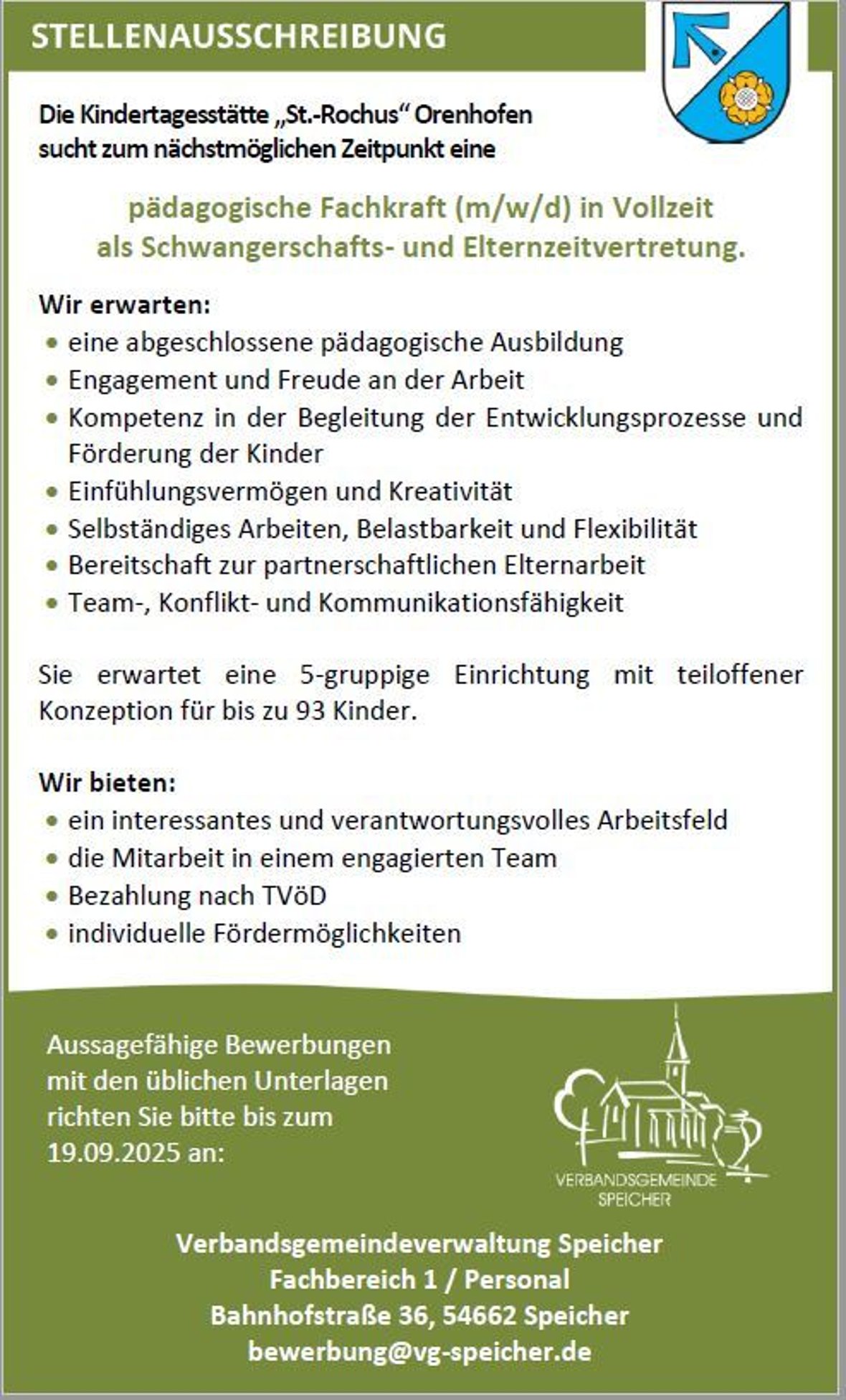 Stellenangebot Kita Orenhofen - Schwangerschafts-/Elternzeitvertretung