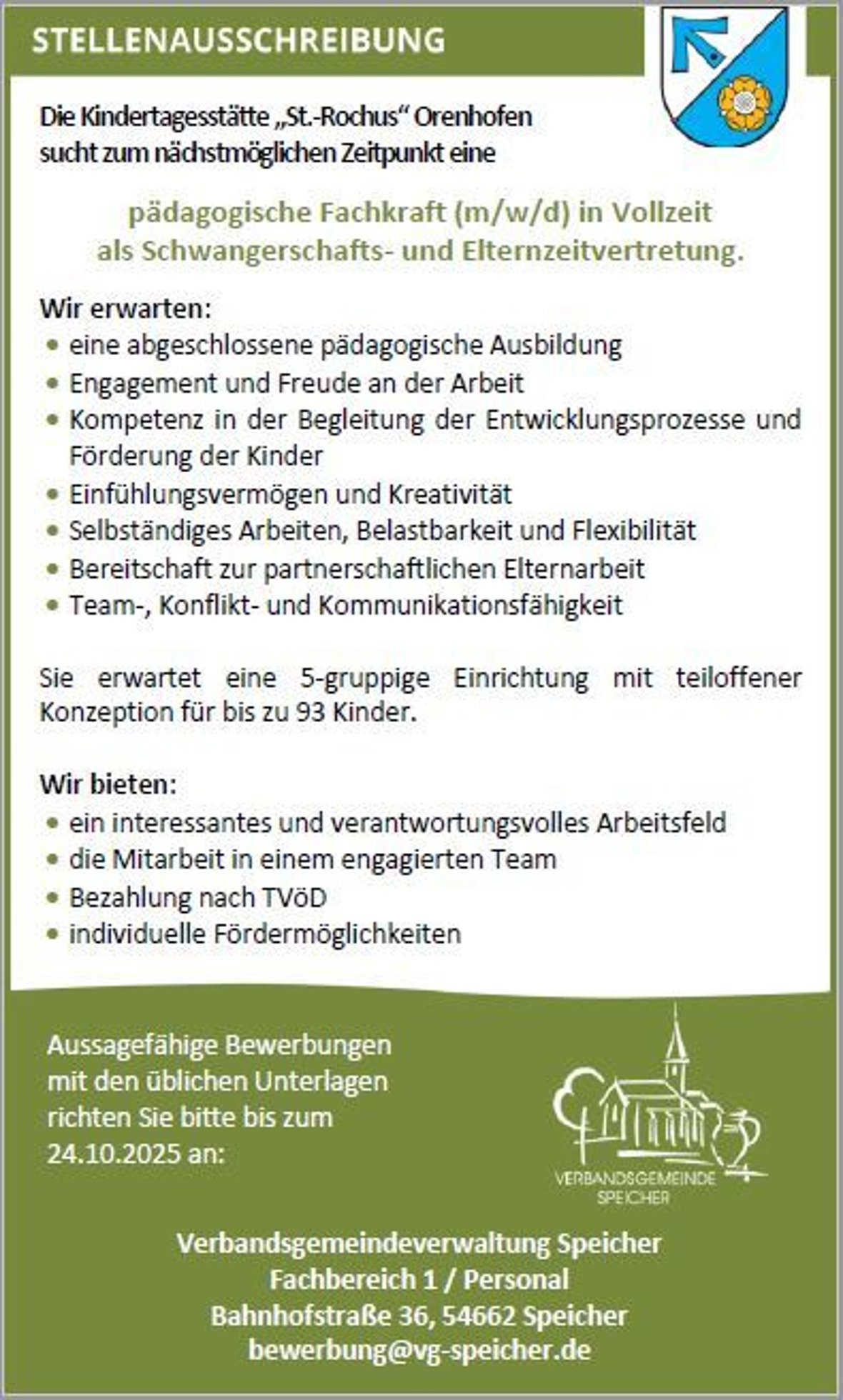Stellenangebot Kita Orenhofen - Schwangerschafts-/Elternzeitvertretung