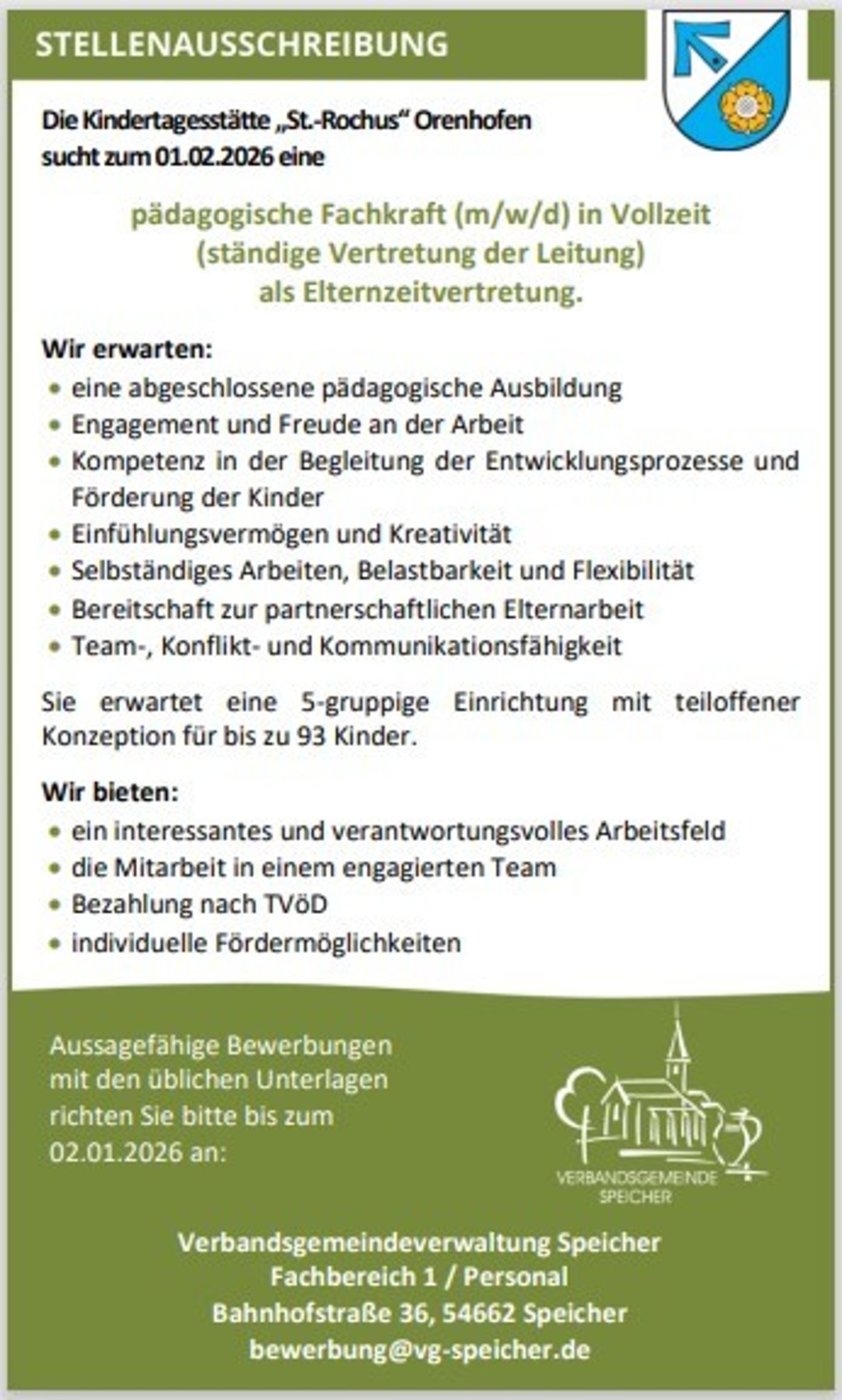 Stellenausschreibung pädagogische Fachkraft in Vollzeit als Elternzeitvertretung (ständige Vertretung der Leitung)