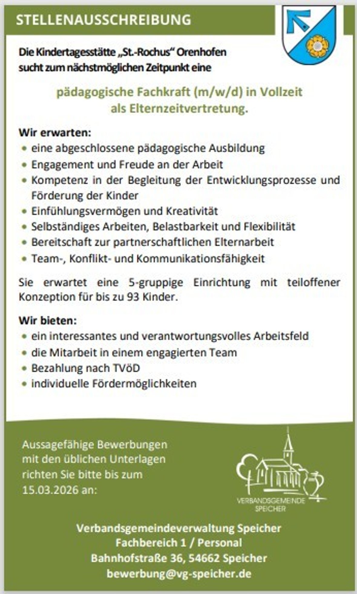 Stellenausschreibung pädagogische Fachkraft für die Kita Orenhofen