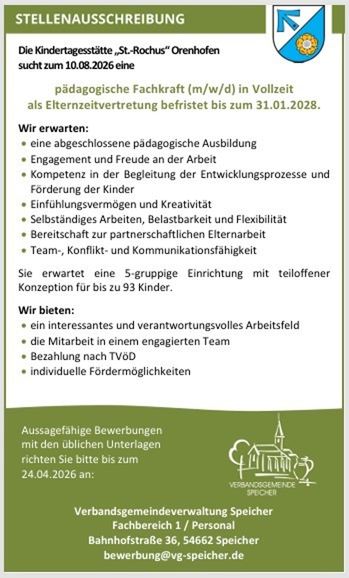 Stellenausschreibung pädagogische Fachkraft für die Kita Orenhofen