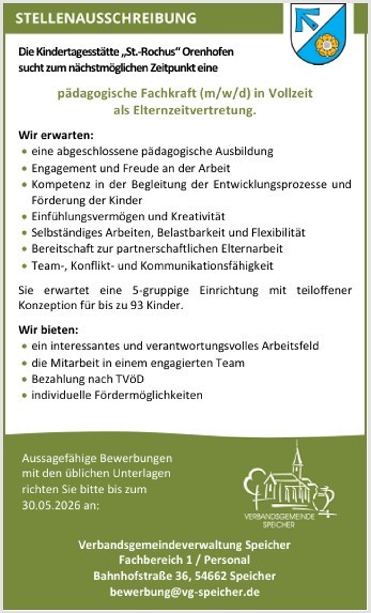 Stellenausschreibung pädagogische Fachkraft für die Kita Orenhofen