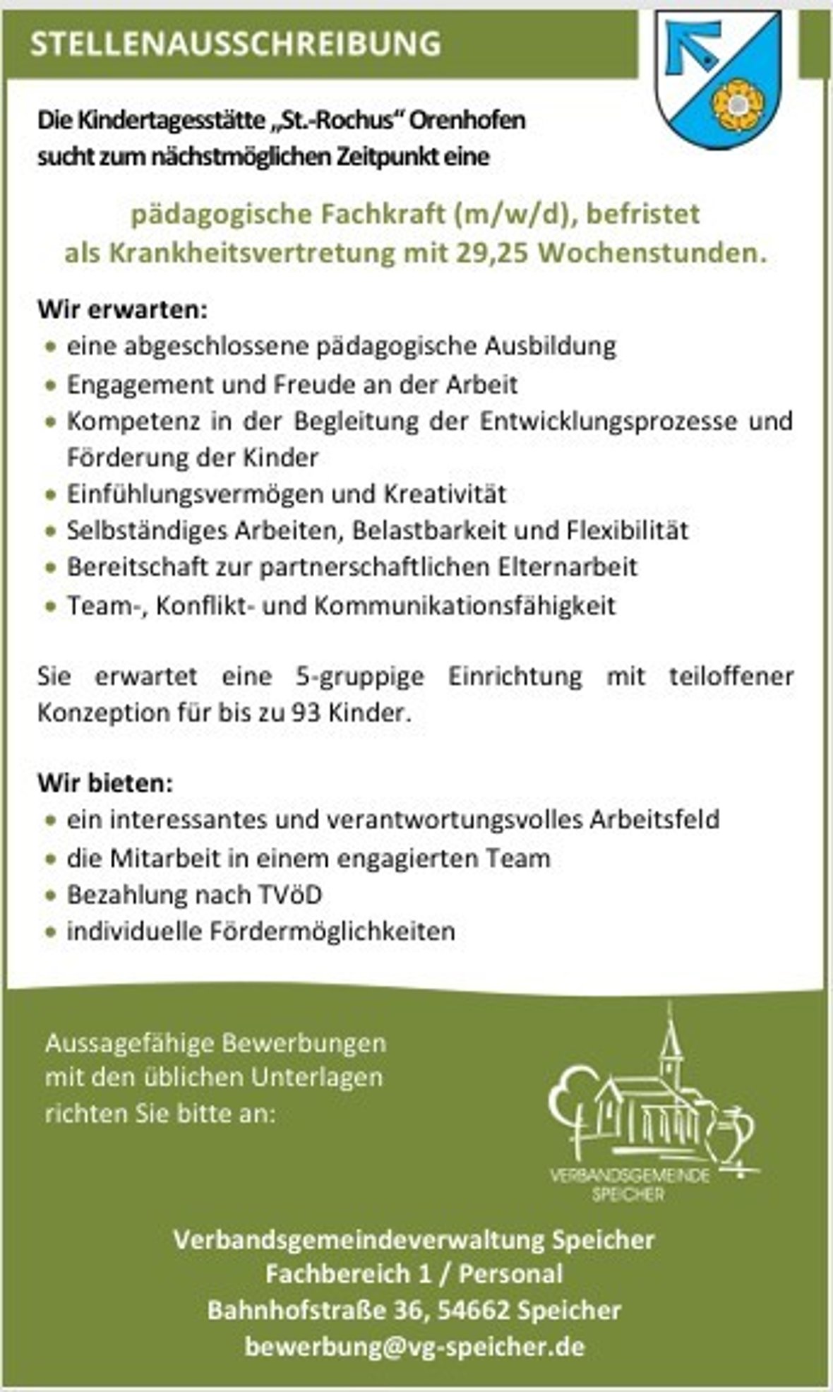Stellenausschreibung pädagogische Fachkraft für die Kita Orenhofen als Krankheitsvertretung