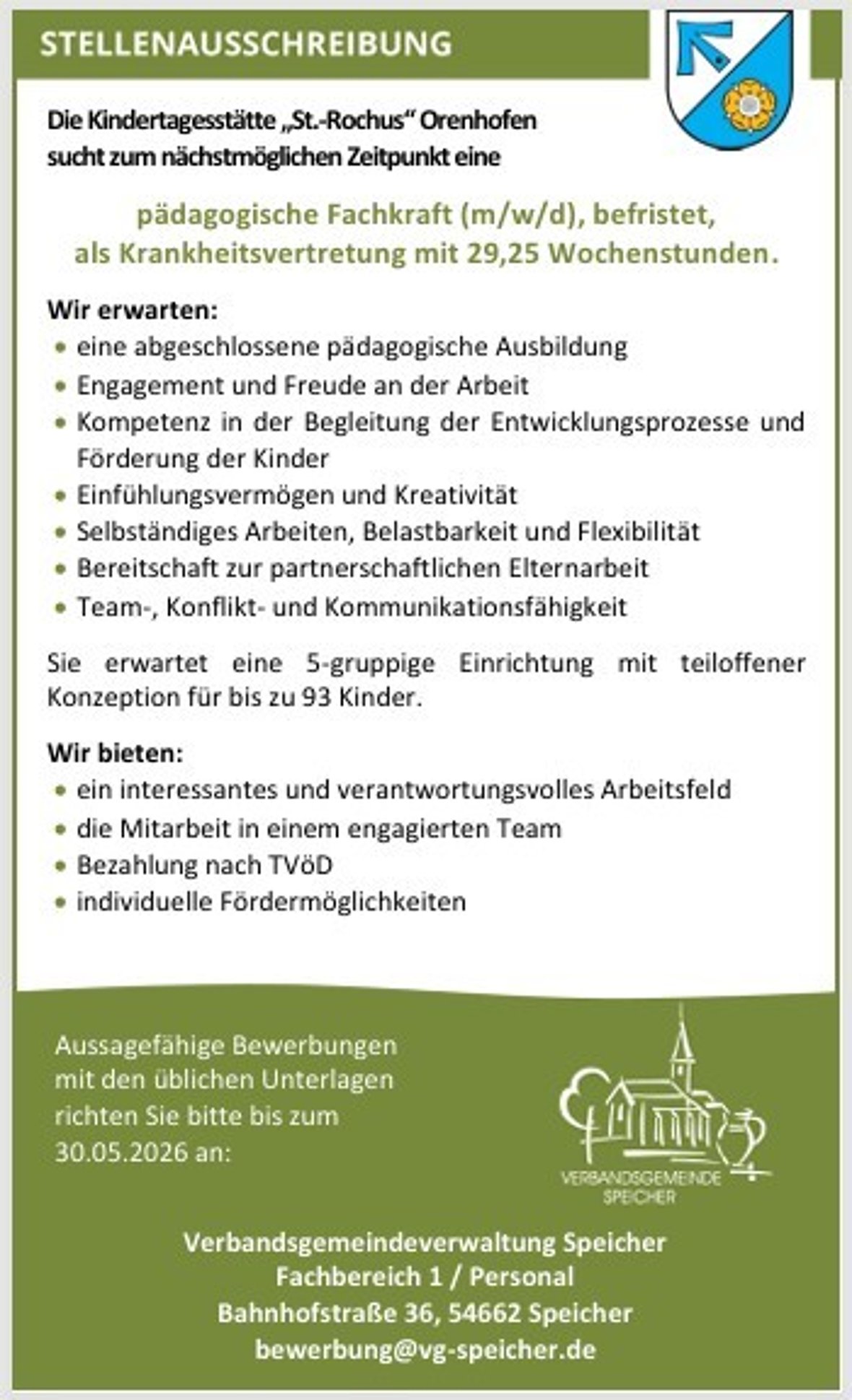 Stellenausschreibung pädagogische Fachkraft für die Kita Orenhofen als Krankheitsvertretung
