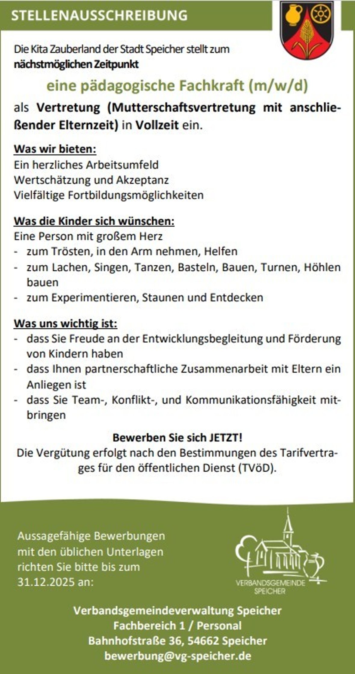 Stellenanzeige Kita Speicher, Mutterschafts-/Elternzeitvertretung