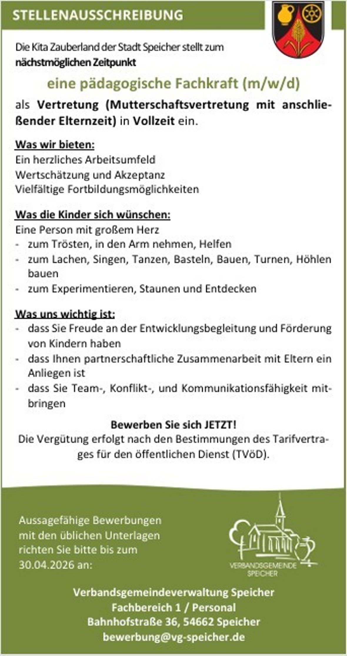 Stellenanzeige Kita Speicher, Mutterschafts-/Elternzeitvertretung