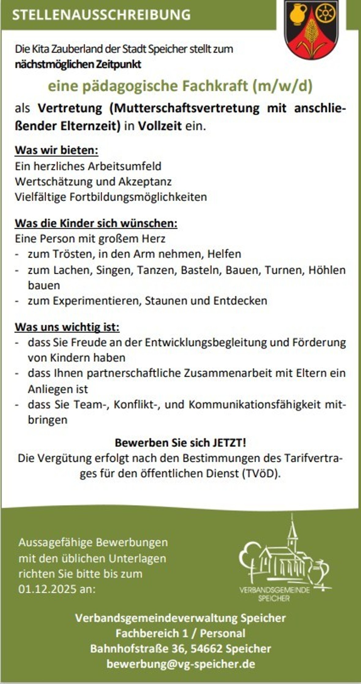 Stellenanzeige Kita Speicher, Mutterschafts-/Elternzeitvertretung