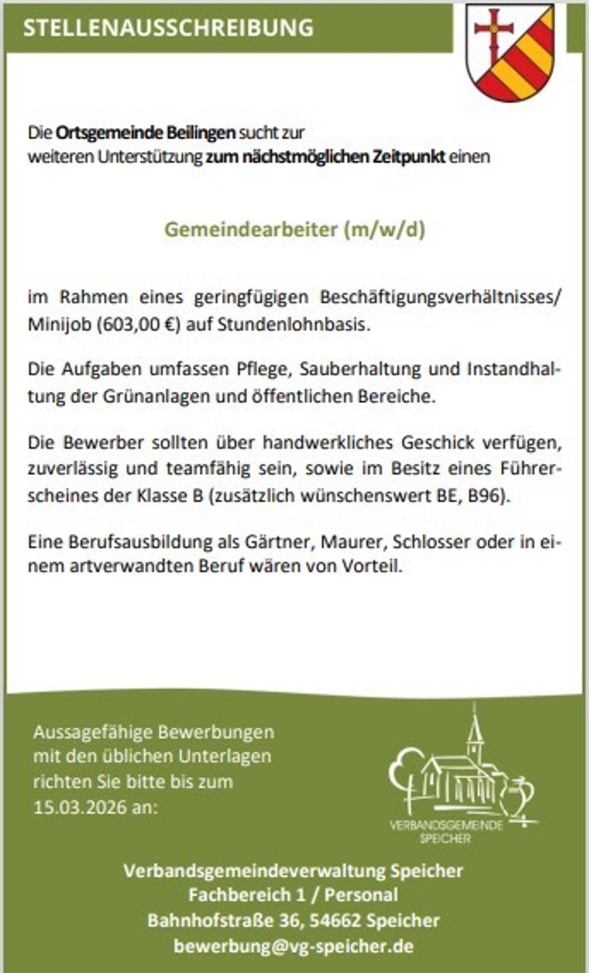 Stellenanzeige Gemeinde Beililngen sucht Gemeindearbeiter