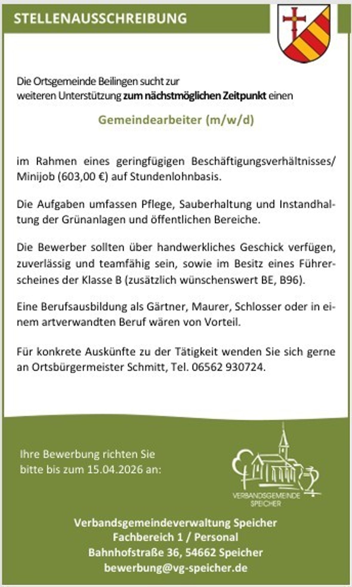 Stellenanzeige Gemeinde Beililngen sucht Gemeindearbeiter