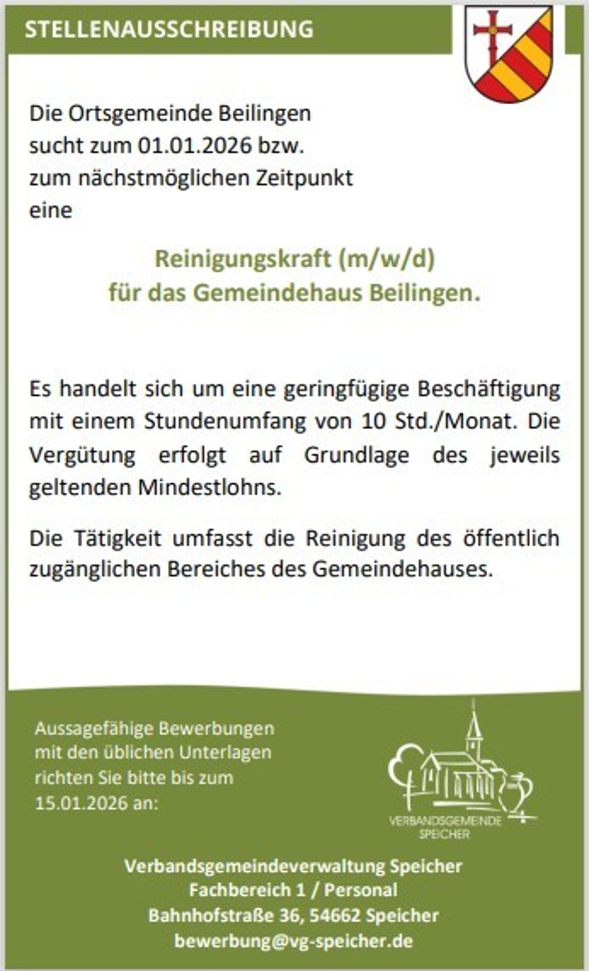 Stellenanzeige Kita Speicher, Mutterschafts-/Elternzeitvertretung