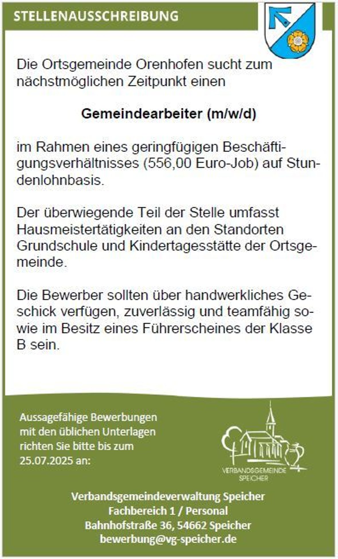 Ortsgemeinde Orenhofen sucht Gemeindearbeiter