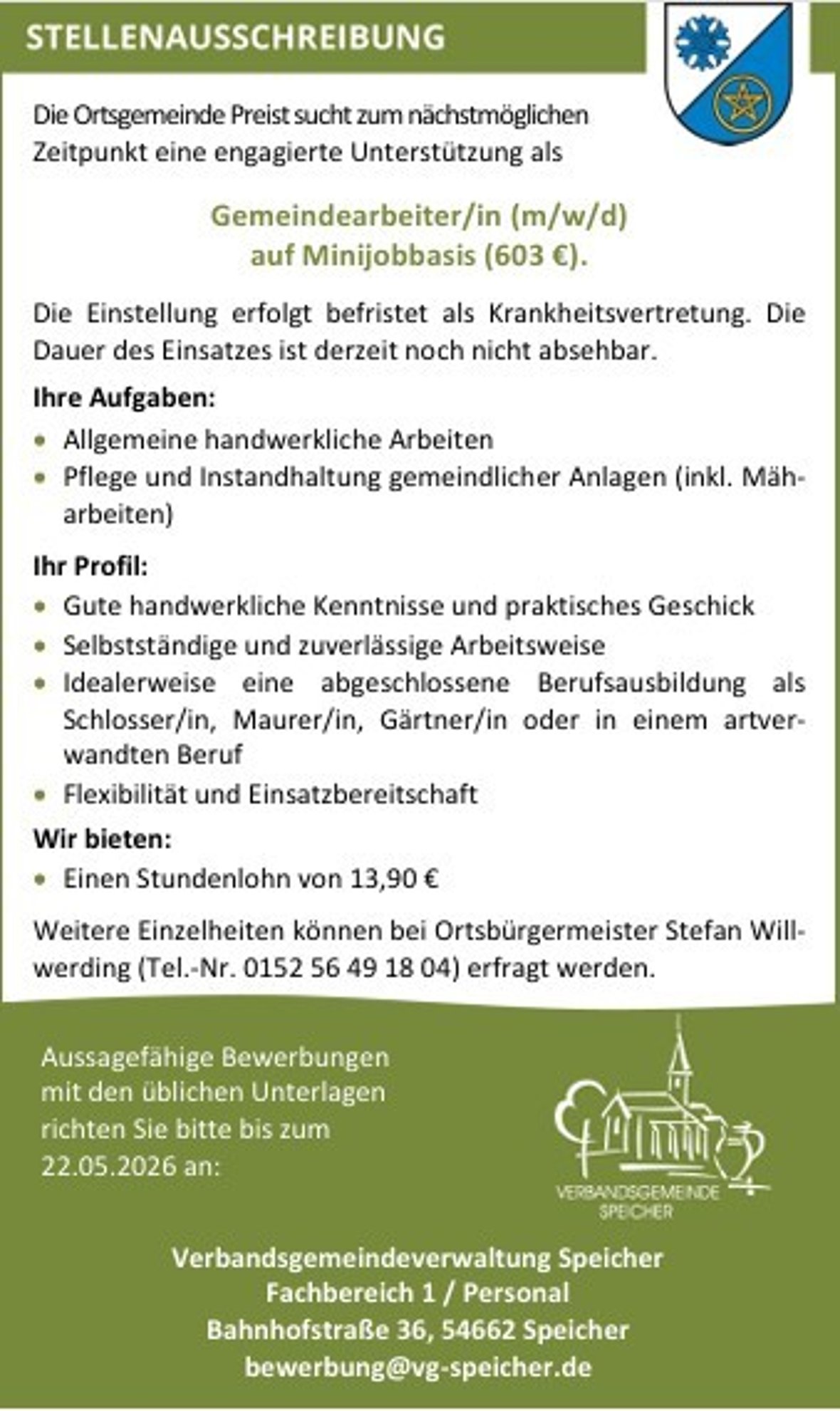 Die Ortsgemeinde Preist sucht nach Gemeindearbeiter als Krankheitsvertretung