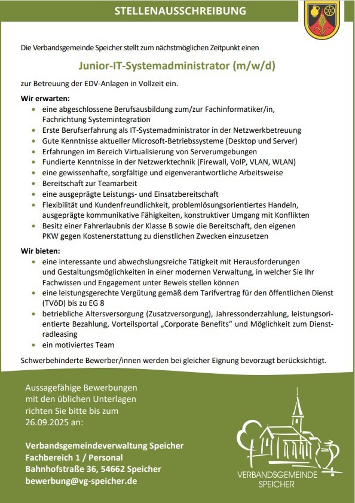 Stellenausschreibung Junior-IT-Administrator für die VGV Speicher