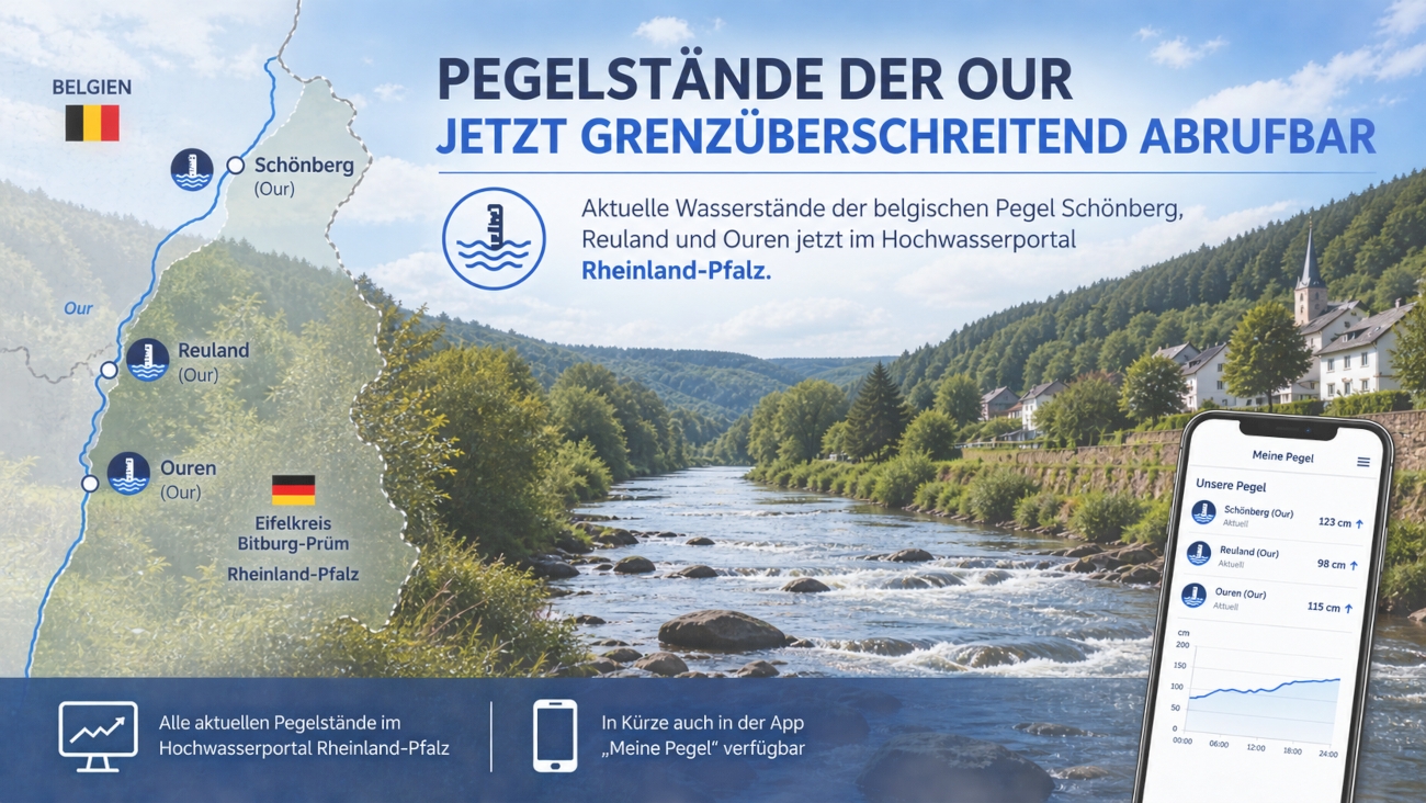 Landschaftsaufnahme mit Fluss der Our aus Belgien und einem Kartenwerk mit eingetragenen drei Messstellen