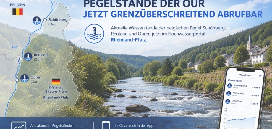 Landschaftsaufnahme mit Fluss der Our aus Belgien und einem Kartenwerk mit eingetragenen drei Messstellen