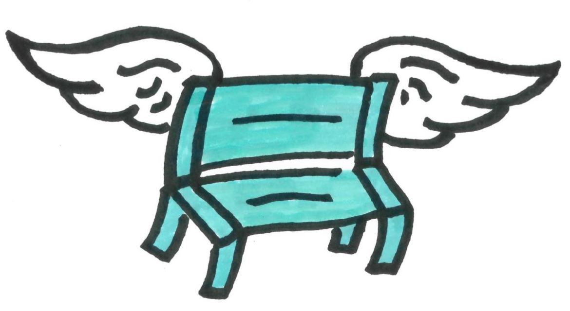 blaue Bank mit weißen Flügeln