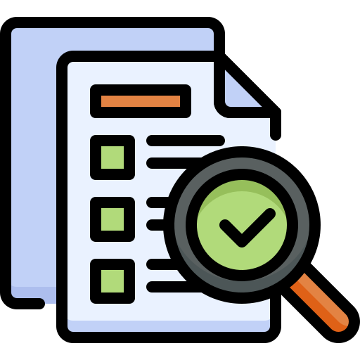 Bild mit Dokument, Lupe und grünem Haken