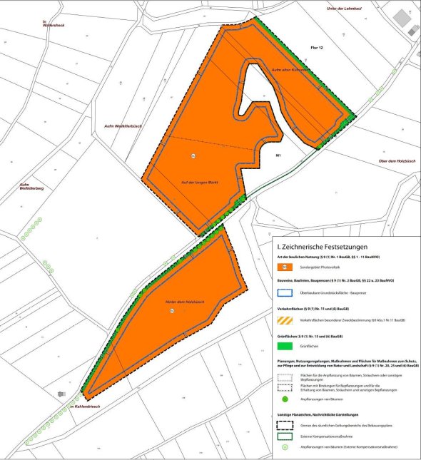 Umriss des Bebauungsplangebietes für den Solarpark Hinter dem Holzbüsch in Hosten